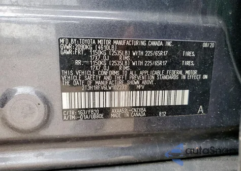 2020 Toyota Rav4 Le z USA, uszkodzony, nr VIN 2T3H1RFV6LW102233